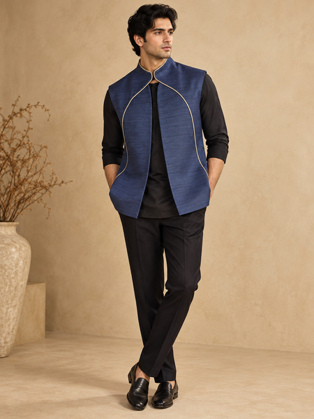 Royal Blue Bemberg Silk Short Open Jacket(The Blue Lotus) - MMSOJ031
