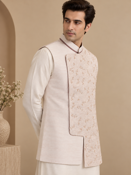 Baby Pink Linen Silk Jacquard Modi Jacket (The Rose Macaron) - MMWC0248