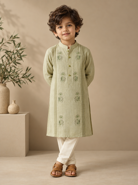 Green & Yellow Linen Kurta Set (Matcha & Cream) - MMKWCUS011
