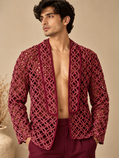 Wine Bemberg Silk Cut-Work Open Blazer (The Royal Garnet) - MMJCUS008
