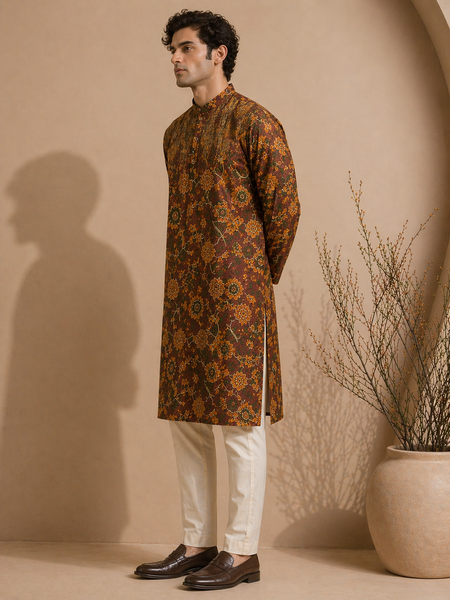 Brown Printed Chanderi Kurta Set (Heritage Vanguard) - MMK0667