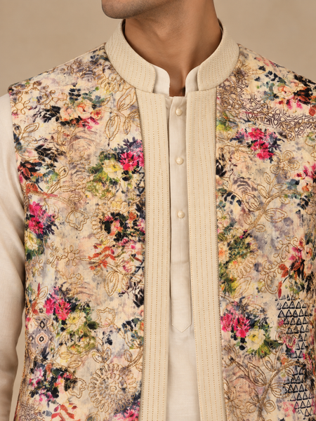 Beige Floral Silk/Cotton/Chanderi Short Open Jacket (The Spring Bloom) - MMSOJ030