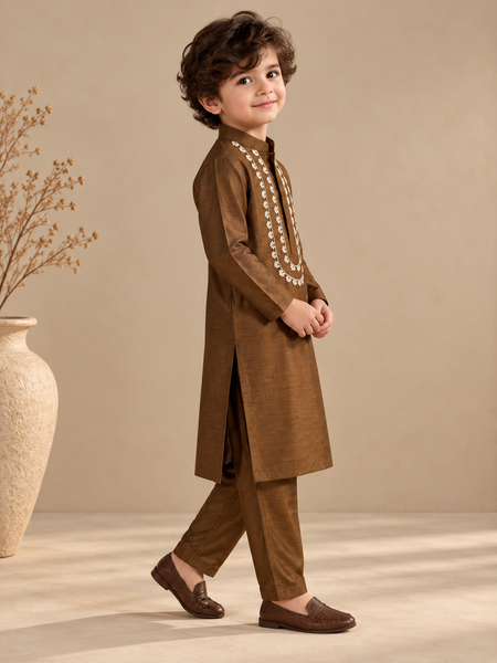 Brown Bemberg Silk Kurta Set (Smoked Espresso) - MMKWCUS006