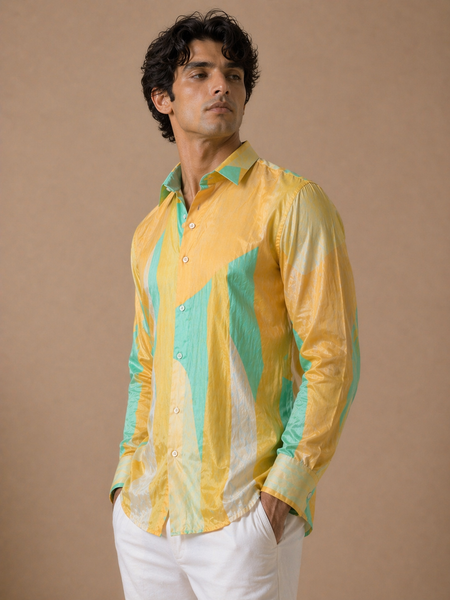 Yellow & Blue Muslin Printed Shirt (Teal Nectar Meridian)- MM0927