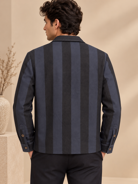 Black & Blue Linen Bomber Jacket (Midnight Navy Slash) - MMBJ055