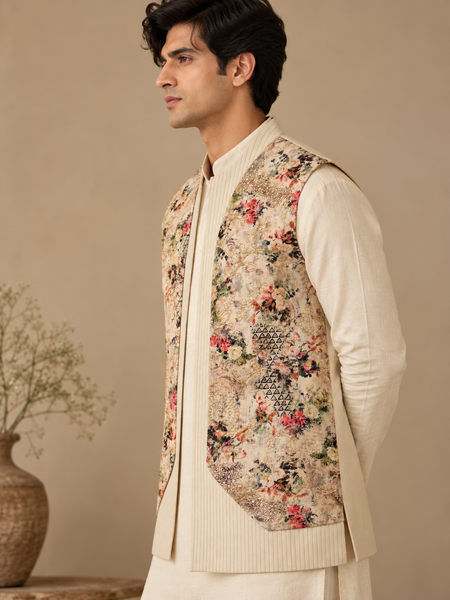 Beige Floral Silk/Cotton/Chanderi Short Open Jacket (The Spring Bloom) - MMSOJ030