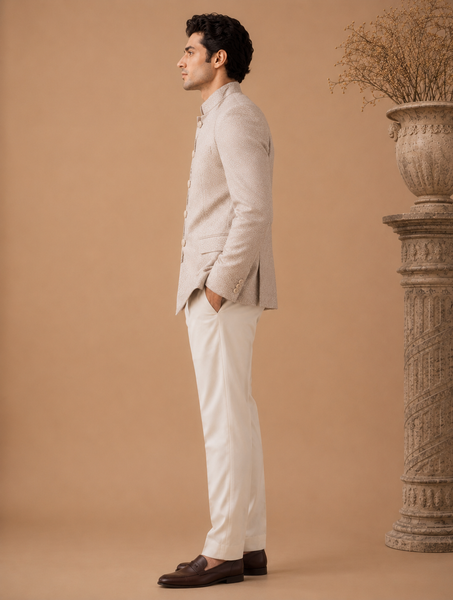 Cream & Gold Jacquard Bandhgala (Champagne Damask) - MMJCUS001