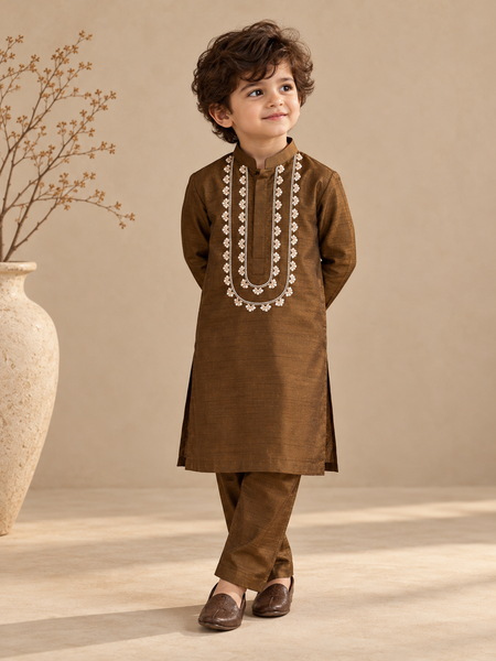 Brown Bemberg Silk Kurta Set (Smoked Espresso) - MMKWCUS006