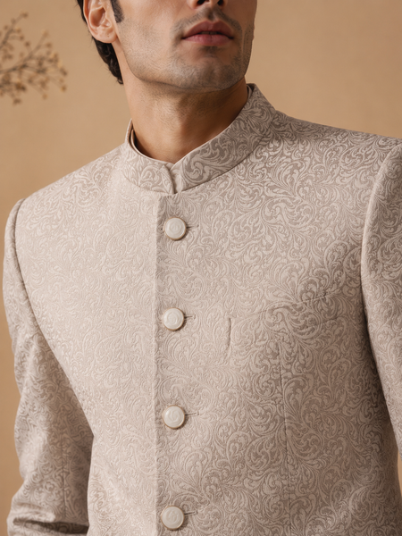 Cream & Gold Jacquard Bandhgala (Champagne Damask) - MMJCUS001