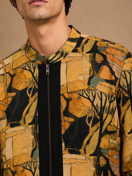 Mustard Muslin Printed Bomber Jacket (Mustard Peppercorn Ganache) - MMBJ052
