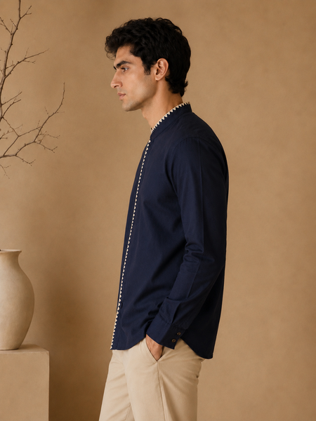 Navy Blue Malai Cotton Shirt (The Linear Midnight) - MM0934