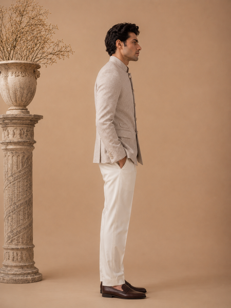 Cream & Gold Jacquard Bandhgala (Champagne Damask) - MMJCUS001