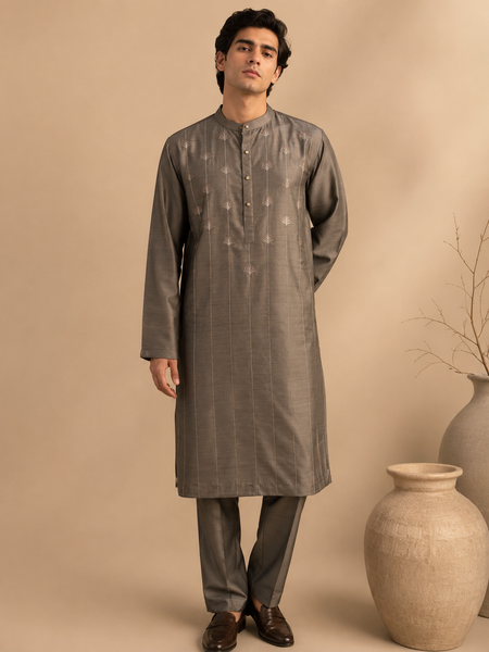 Grey Bemberg Silk Kurta Set (Muted Ganache & Shimmering Chestnut) - MMKCUS001