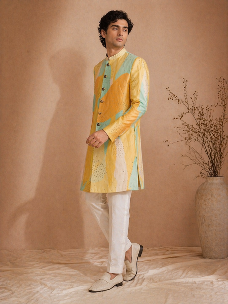 Yellow Printed Muslin Sherwani (Digital Noir) - MMSHR057