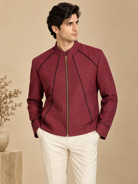 Maroon & Black Malai Cotton Bomber Jacket (The Spiced Plum) - MMBJ058