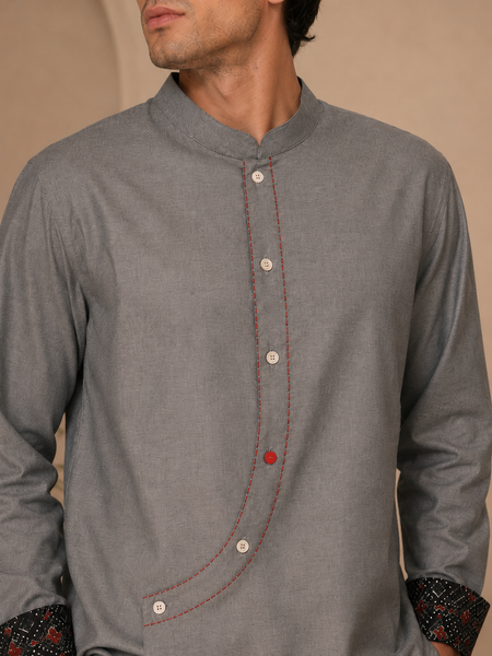 Grey/Blue Malai Cotton Short Kurta (Frosted Ash & Pomegranate Float) - MMSK075