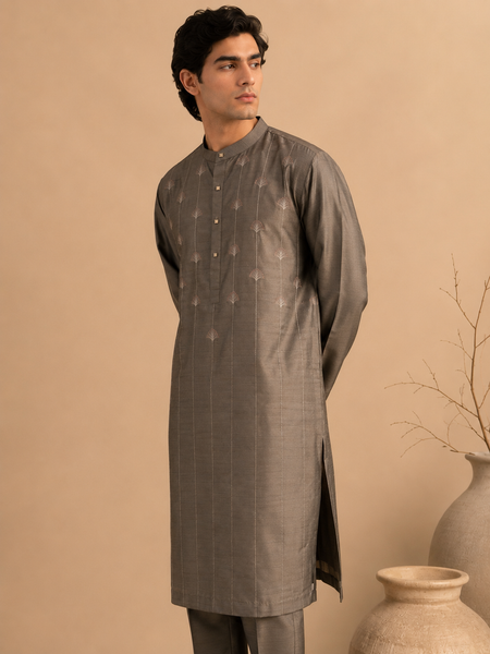 Grey Bemberg Silk Kurta Set (Muted Ganache & Shimmering Chestnut) - MMKCUS001