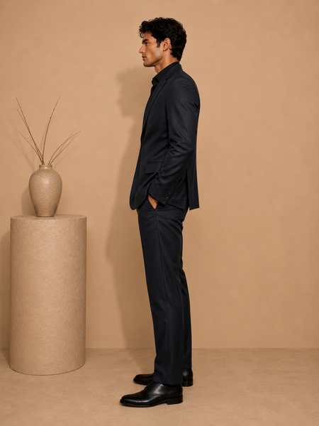 Midnight Blue Italian Wool Blazer & Pant Set (Deep Indigo Cacao & Brass Float) - MMJCUS007