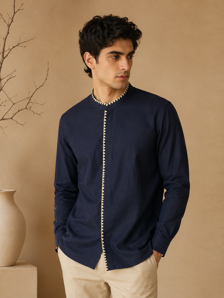 Navy Blue Malai Cotton Shirt (The Linear Midnight) - MM0934