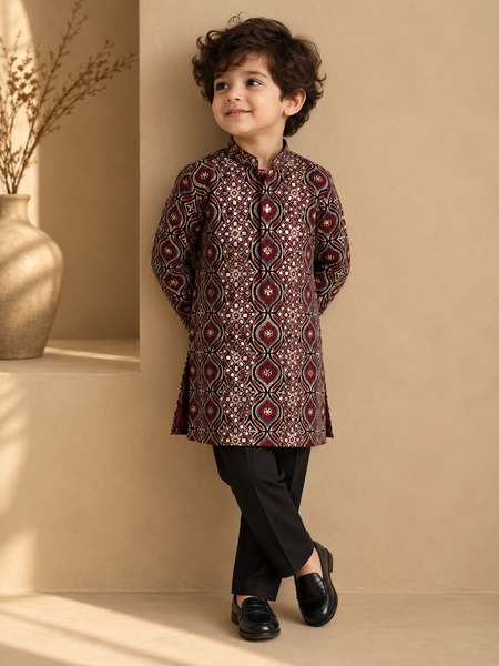 Black & Maroon Cotton Kurta Set (Spiced Plum) - MMKWCUS013