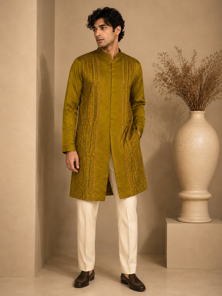 Mustard Yellow RT Fiona Kurta Set (Olive Gold Lattice) - MMK0673