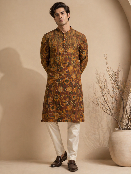 Brown Printed Chanderi Kurta Set (Heritage Vanguard) - MMK0667