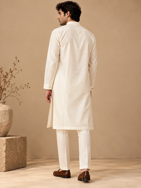 Ivory Cotton Silk Kurta Set (Milkwood & Pearl) - MMKCUS006