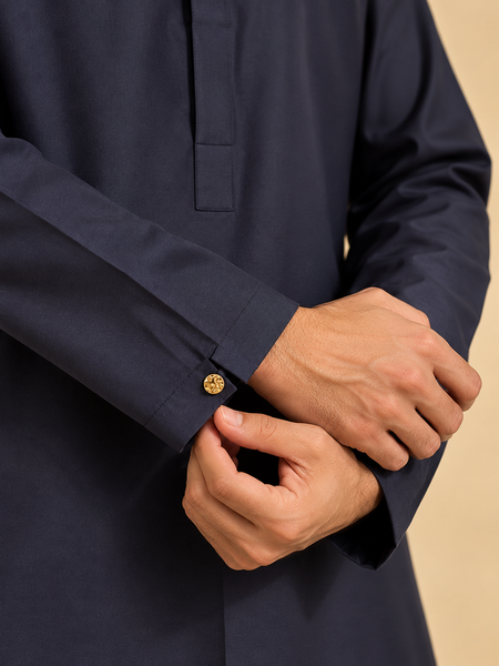 Navy Blue & Ivory Cotton/Silk Kurta Set (The Midnight Ocean Wave) - MMK0684
