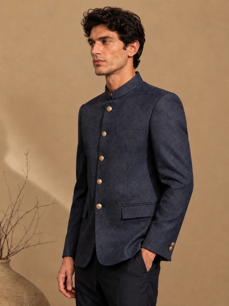 Midnight Blue Jacquard Bandhgala (Sapphire Ganache)- MMJCUS002