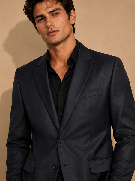 Midnight Blue Italian Wool Blazer (Deep Indigo Cacao & Brass Float) - MMJCUS003