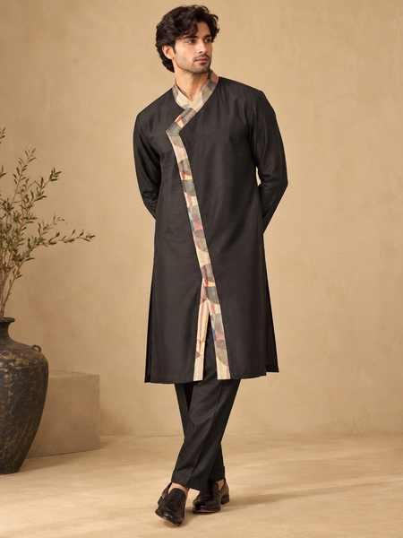 Black Bemberg Silk Kurta Set (The Midnight Geometry) - MMK0685