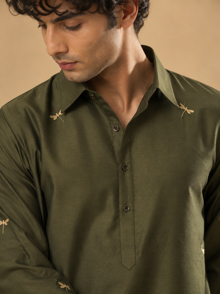 Olive Green Cotton Silk Kurta Set (Forest Gold Dragonfly) - MMKCUS003