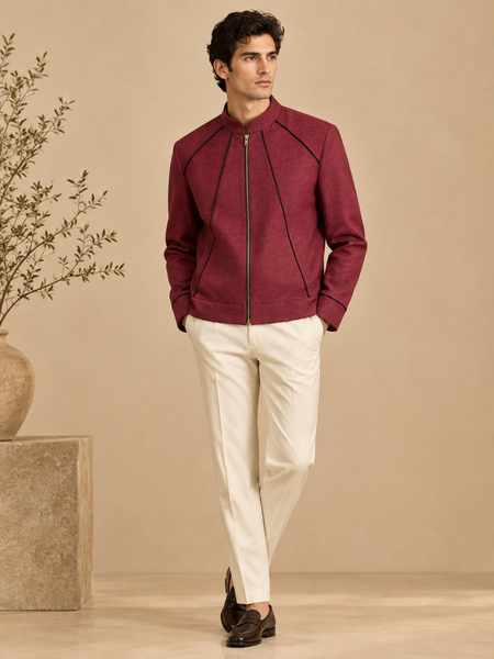 Maroon & Black Malai Cotton Bomber Jacket (The Spiced Plum) - MMBJ058
