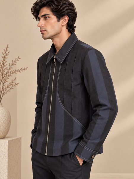 Black & Blue Linen Bomber Jacket (Midnight Navy Slash) - MMBJ055