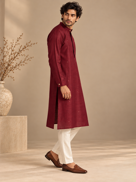 Wine Bemberg Silk Kurta Set (The Dark Dahlia) - MMKCUS007