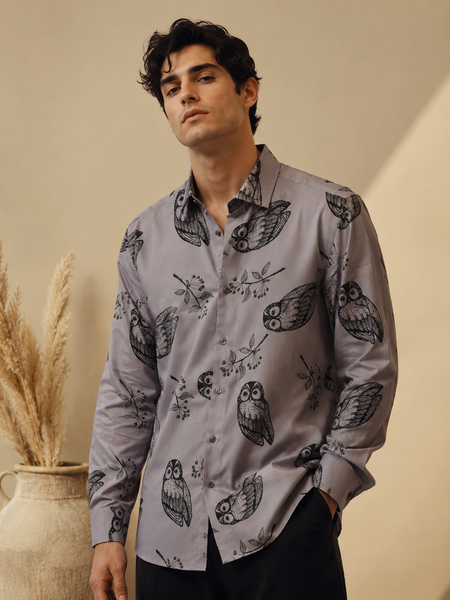 Moonstone Grey Printed 100% Cotton Shirt (Moonstone Nocturne) - MMCUS002