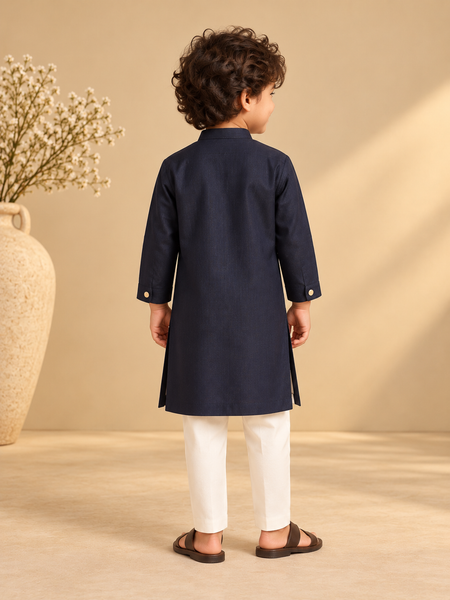 Navy Blue & Ivory Cotton/Silk Kurta Set (The Little Midnight Crest) - MMKWCUS004