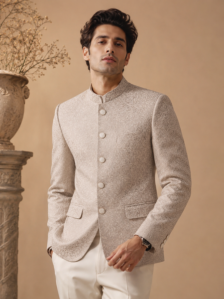 Cream & Gold Jacquard Bandhgala (Champagne Damask) - MMJCUS001