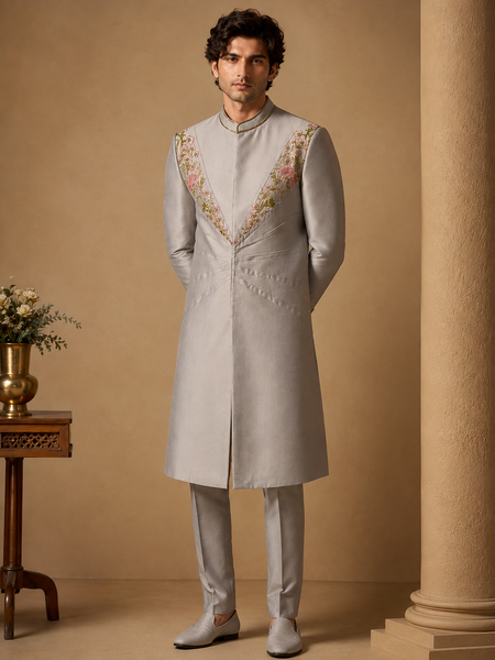 Silver Grey Cotton/Silk Sherwani (Muted Platinum & Peach Blossom) - MMSHR058