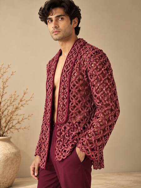 Wine Bemberg Silk Cut-Work Open Blazer (The Royal Garnet) - MMJCUS008