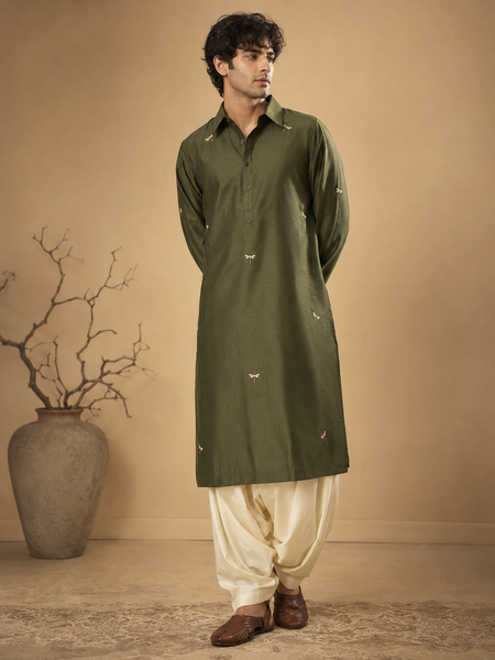 Olive Green Cotton Silk Kurta Set (Forest Gold Dragonfly) - MMKCUS003