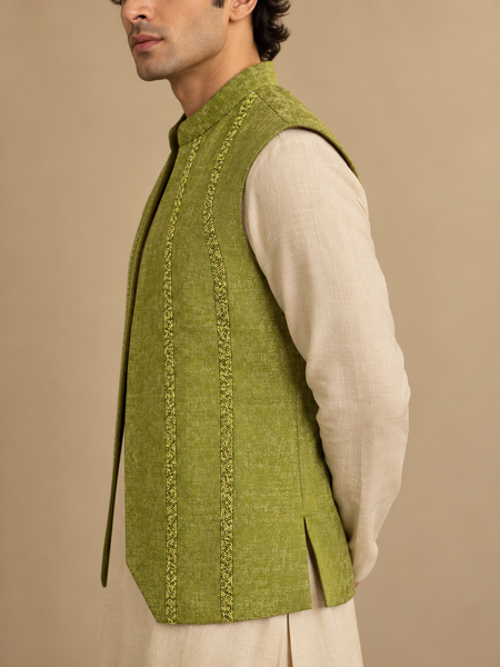 Lime Moss Green Silk/Jacquard Short Open Jacket (The Sweet Lime) - MMSOJ029