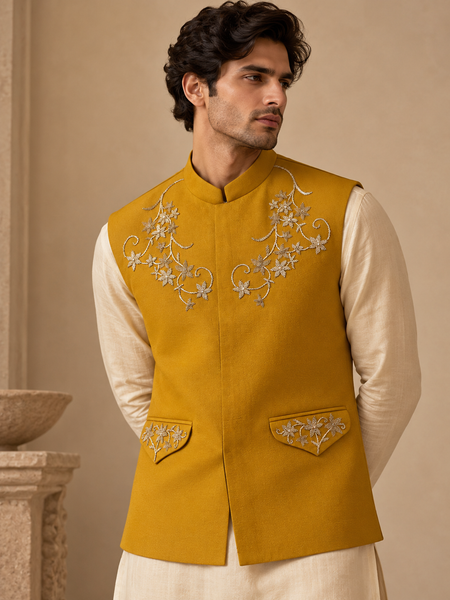 Mustard Yellow Cotton/Silk Modi Jacket (The Golden Turmeric) - MMWC0251