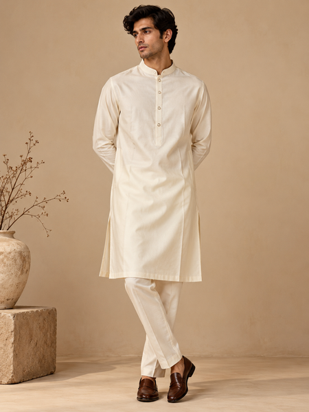 Ivory Cotton Silk Kurta Set (Milkwood & Pearl) - MMKCUS006