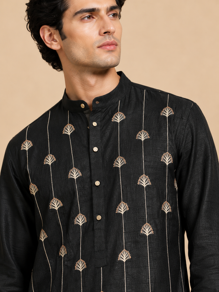 Black Bemberg Silk Kurta Set (Velvet Coal & Gold-Leaf Float)- MMK0668