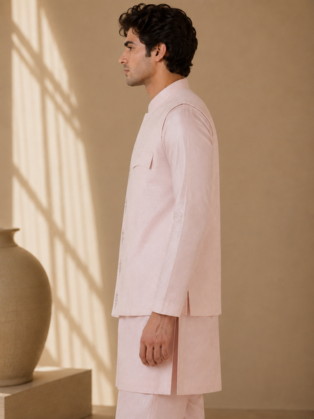 Baby Pink Bemberg Silk Modi Jacket (The Rose & Silver Sprig) - MMWC0246
