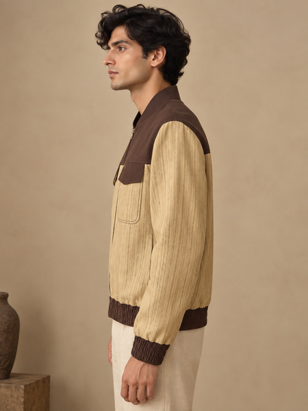 Chestnut Brown & Beige Matka Cotton Bomber Jacket (The Roasted Espresso & Oat) - MMBJ060