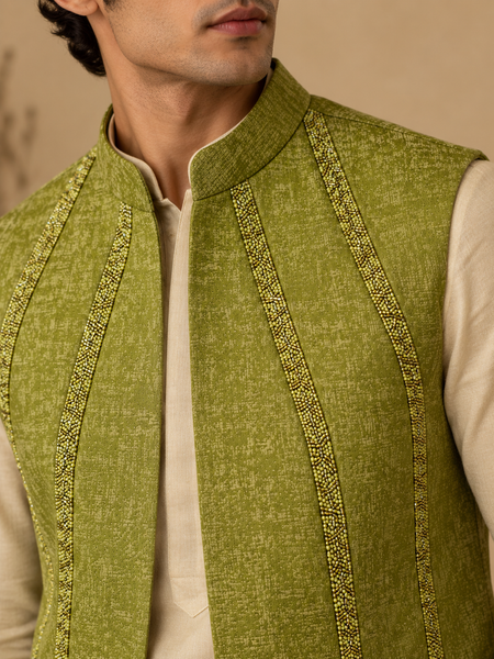 Lime Moss Green Silk/Jacquard Short Open Jacket (The Sweet Lime) - MMSOJ029
