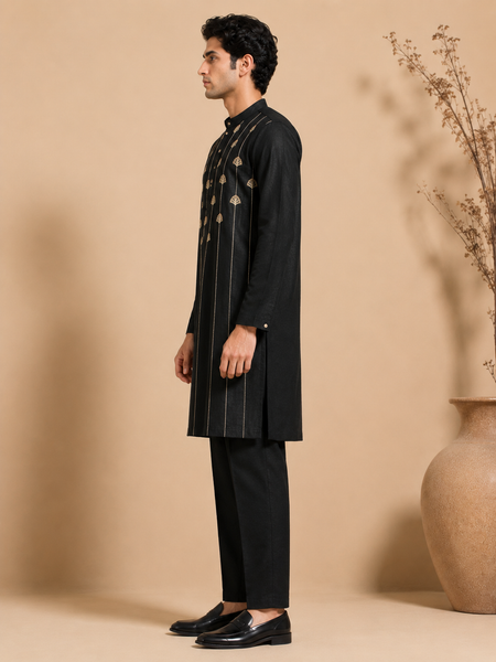 Black Bemberg Silk Kurta Set (Velvet Coal & Gold-Leaf Float)- MMK0668