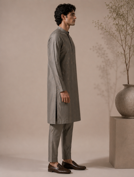 Grey Bemberg Silk Kurta Set (Muted Ganache & Shimmering Chestnut) - MMKCUS001